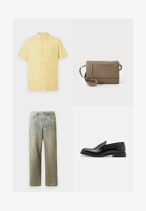 Žlutá košile s krátkým rukávem, texturovaná látka, zapínání na knoflíky vpředu a klasický límec. Obsahuje světle zbarvené knoflíky pro kontrast.; Odstřižené džíny v světle zelené barvě, se rovnými nohavicemi, pěti kapsami a nerovnoměrným vyblednutím s barevnými skvrnami.; Černé kožené polobotky s hladkou texturou, zaoblenou špičkou a zdobným páskem přes nárt. Nízký stohovaný podpatek, minimalistický design.; Taupe kožená crossbody kabelka s přední kapsou na zip, nastavitelním popruhem, texturou z jemných kostek a embosovaným logem na přední straně.