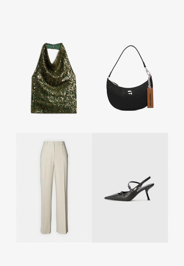 Haut halter à col châle en tissu vert pailleté avec des accents dorés, présentant un design drapé et une fermeture au cou au dos.; Pantalons beige ajustés à coupe droite, avec des plis à l'avant, une taille plate et une texture lisse pour une finition propre.; Talons slingback en cuir noir avec un bout pointu, un talon fin et un détail de boucle décorative sur le vamp. Texture lisse et design épuré.; Sac à main en cuir noir avec une texture grainée, forme arrondie, fermeture à glissière sur le dessus, quincaillerie en argent et une étiquette marron. Présente un accent de logo.