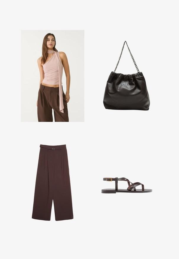 Asymmetrical pink top with gathered texture, featuring a long scarf detail. Paired with brown wide-leg trousers. Soft fabric, minimalist design.; Stradivarius WIDE-LEG WITH BUCKLE DETAIL - Trousers - dark brown; Brown leather sandal featuring crisscross straps, an ankle buckle closure, and a flat sole with minimal stitching details.; Brown leather bag with a gathered top and a chain strap. Smooth texture with a glossy finish and subtle seam detailing on the sides.