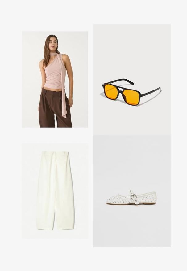 Asymmetrisk pink top med samlet tekstur, prydet med et langt tørklæde. Sammen med brune bukser med bred ben. Blødt stof, minimalistisk design.; Bredde bukser i et blødt cremfabric, med en glat tekstur, forreste lommer og en afslappet pasform med en mid-rise talje.; Hvide flade sko med spidse tæer, prydet med sølvnitter, har en spænde rem over vristen og en lys brun sål.; Sorte rektangulære solbriller med dristige orange linser. Har et unikt brodesign og slanke arme, fremstillet af letvægtsmateriale.