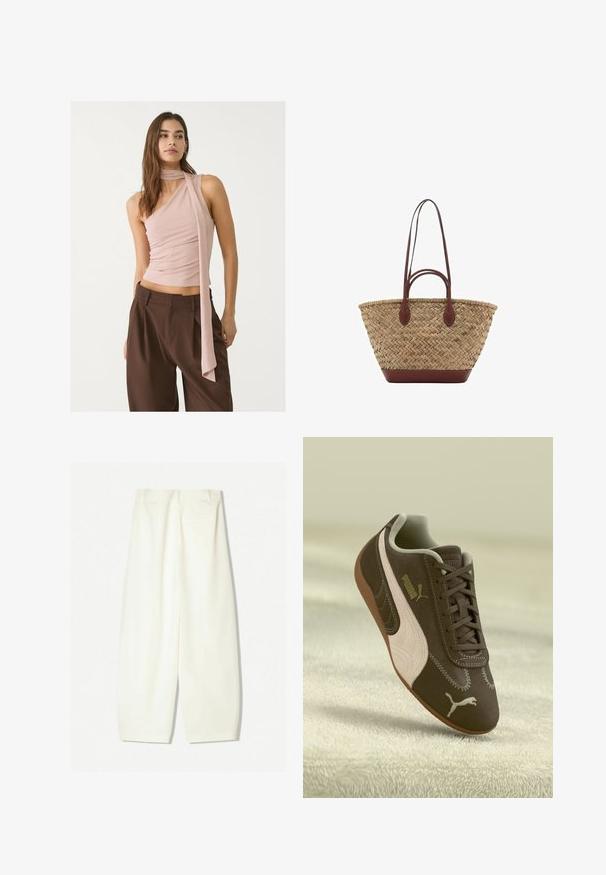 Top asimmetrico rosa con texture arricciata, caratterizzato da un lungo dettaglio a sciarpa. Abbinato a pantaloni larghi marroni. Tessuto morbido, design minimalista.; Pantaloni a gamba larga in un morbido tessuto crema, caratterizzati da una texture liscia, tasche frontali e una vestibilità morbida con una vita di altezza media.; Sneaker Puma marrone con striscia e logo beige, allacciato, poggiato su una superficie beige testurizzata.; Borsa tote in paglia intrecciata con texture a treccia, manici e base in pelle marrone scuro, forma circolare larga e design con apertura superiore.