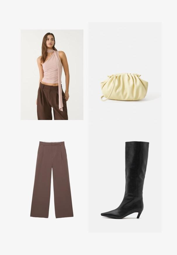 Asymetrický ružový top s riasenou textúrou, so zdĺhavým detailom šatky. V kombinácii s hnedými širokými nohavicami. Mäkká tkanina, minimalistický dizajn.; Široké nohavice z pevnej hnedej látky s hladkou textúrou, prednými záhybmi a prispôsobeným pásom. Žiadne viditeľné logo ani vzory.; RAID FLAURA - Čižmy - black; Žltá skladaná kabelka vyrobená z hladkej eko kože, s jemným tvarom, jedným ramenným popruhom a zhrnutým vrchom.; Na obrázku sú zobrazené dva zlaté prstene, jeden hrubý a okrúhly, druhý tenký a plochý. Obe majú hladký, lesklý povrch s lešteným povrchom.
