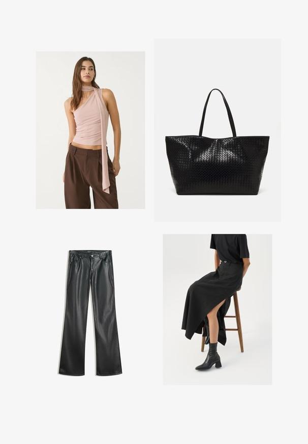Asymmetrical pink top with gathered texture, featuring a long scarf detail. Paired with brown wide-leg trousers. Soft fabric, minimalist design.; Black faux leather flared pants with a smooth texture, five-pocket design, front zipper, and contrasting stitching.; Black linen maxi skirt with a high slit, worn with a black t-shirt and black ankle boots. Minimalistic design with a relaxed fit.; Black woven tote bag with two sturdy handles, featuring a glossy texture and a spacious open top design.