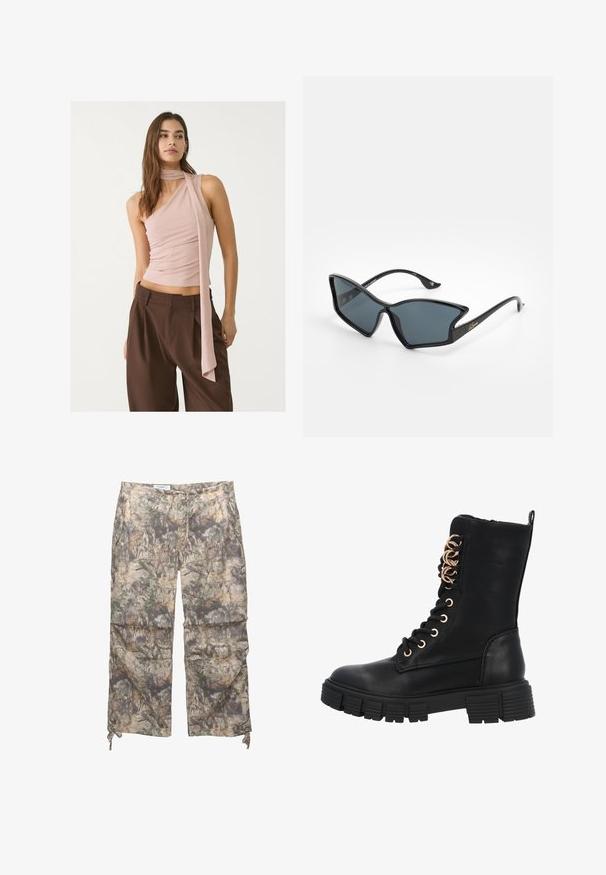 Top asimmetrico rosa con texture arricciata, caratterizzato da un lungo dettaglio a sciarpa. Abbinato a pantaloni larghi marroni. Tessuto morbido, design minimalista.; Pantaloni con motivo camouflage in tessuto leggero, con elastico in vita, tasche laterali e cordini regolabili alle caviglie.; Stivale da combattimento nero con lacci, suola in gomma spessa, occhielli rotondi in oro rosa e finitura in pelle testurizzata. Cerniera laterale per un facile accesso.; Occhiali da sole neri in plastica con forma geometrica a occhio di gatto, lenti grigie e dettagli dorati sulle astine. Texture liscia su tutto il telaio.