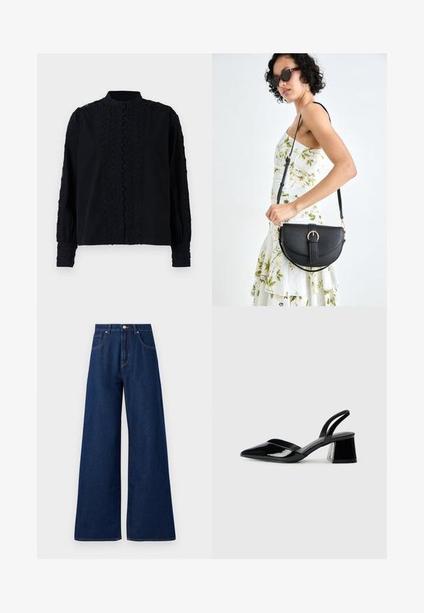Bluză neagră cu un gât înalt, având detalii verticale din dantelă și închidere cu nasturi. Mâneci lungi cu accente brodate la manșete.; Jeanși denim cu picioare largi, de culoare albastru închis. Dispun de un design clasic cu cinci buzunare, închidere cu nasture și cusături contrastante. Textură netedă.; Pantofi cu toc slingback din piele lacuită neagră, cu vârf ascuțit și toc geometric. Prezintă un design elegant, minimalist și o textură netedă.; Geantă din piele neagră, cu o formă curbată, curea detașabilă și accesorii aurii. Geanta are un capac cu un detaliu tip cataramă.