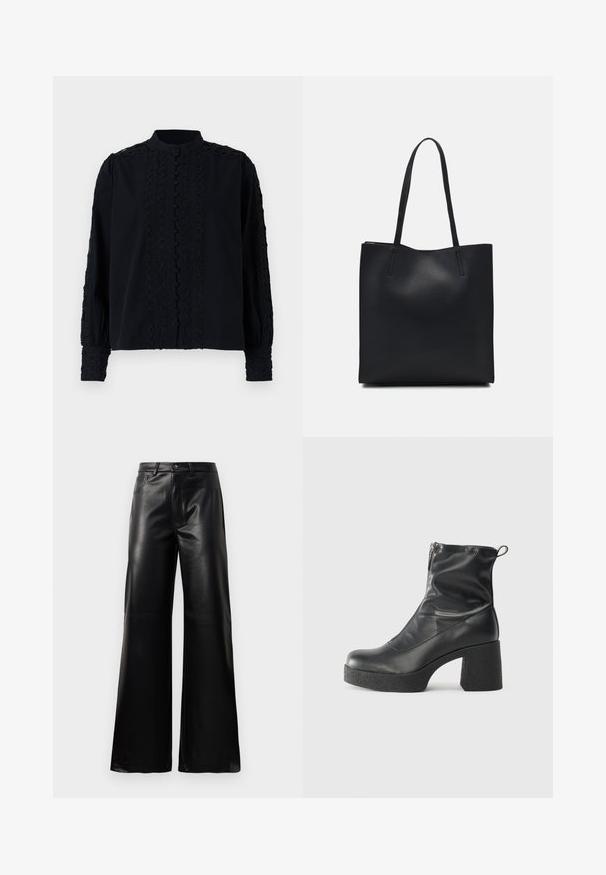 Black blouse with a high neckline, featuring vertical lace detailing and button closure. Long sleeves with embroidered accents at cuffs.; Black high-waist wide-leg faux leather pants with front button, zip closure, belt loops, and side pockets on white background.; Black ankle boots made of smooth leather, featuring a side zipper, chunky textured heel, and rounded toe design.; Black leather tote bag with smooth texture, rectangular shape, and two long handles. No visible hardware or embellishments.
