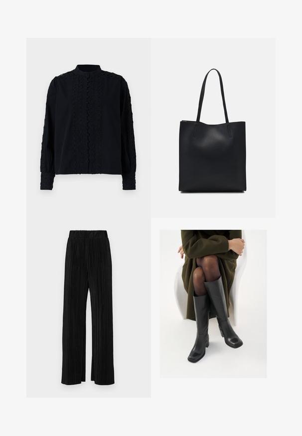 Mustmust lits mustlahk, millel on kõrge kaelus, sisaldab vertikaalset pitsi ja nööbiga sulgemist. Pikkade varrukatega, millel on tikitud aktsendid mansettidel.; Mustad pleekitud püksid elastse vöökohtaga. Omavad laiad jalad ja sujuvat, tekstureeritud kangast vertikaalsete triipudega.; Knee-high mustad nahast saapad nelinurkse varbaga ja plokilise kontsaga, esitatud mudeli kõrval, kes istub oliivirohelises mantlis. Sujuv tekstuur, minimaalne detailide arv.; Mustast nahast kott sujuva tekstuuriga, ristkülikukujuline ja kahe pika sangaga. Pole nähtavat riistvara ega kaunistusi.