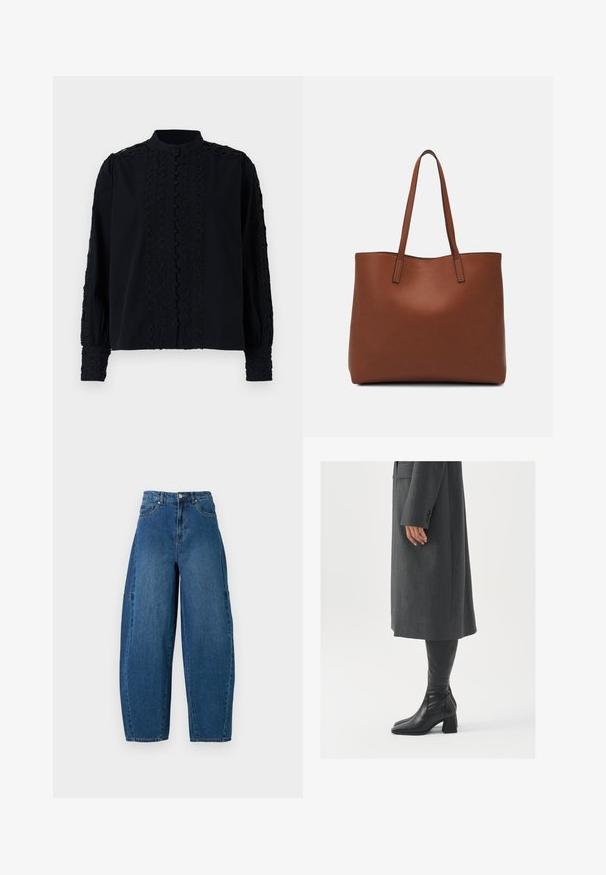 Black blouse with a high neckline, featuring vertical lace detailing and button closure. Long sleeves with embroidered accents at cuffs.; Denim jeans in a medium blue wash, featuring a high waist, wide leg cut, and standard five-pocket design with visible stitching details.; Gray, tailored overcoat with a straight cut; paired with knee-high black leather boots featuring a square toe and chunky heel.; Brown leather tote bag with a smooth texture, open top design, and two shoulder straps. Features minimal stitching and no visible hardware.