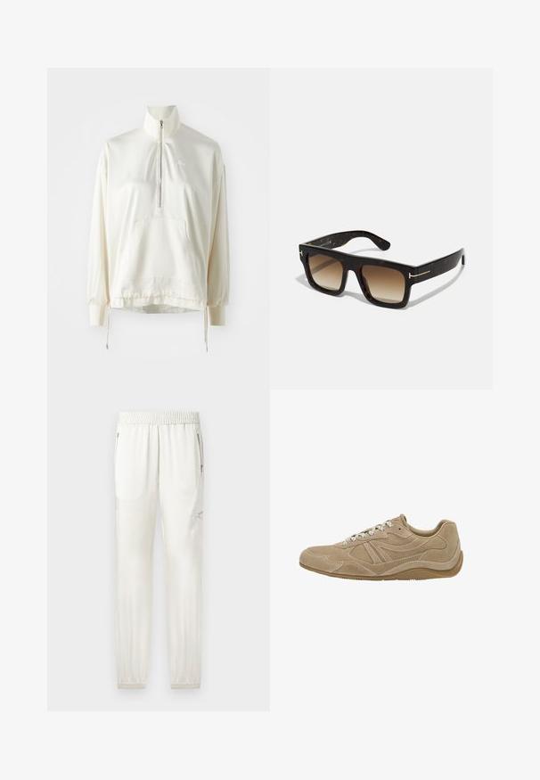 Pullover a zip a un quarto in crema chiaro con tasca frontale, orlo con coulisse e logo ricamato dello stesso colore sul petto. Tessuto dalla consistenza morbida.; Jogger leggeri color crema con vita elasticizzata, polsini affusolati, tasche laterali e dettagli con zip. Tessuto liscio con una finitura leggermente lucida.; Sneaker in suede beige con profilo basso, superficie texturizzata e lacci bianchi. Presenta un design curvo e una suola in gomma per una migliore aderenza.; Occhiali da sole tartarugati con montatura quadrata, lenti marroni sfumate e sottili dettagli in oro sugli steli.; Borsa a spalla in suede marrone con due manici morbidi, una tracolla verticale con un accento in argento e una parte superiore larga e aperta. Texture liscia, design minimalista.