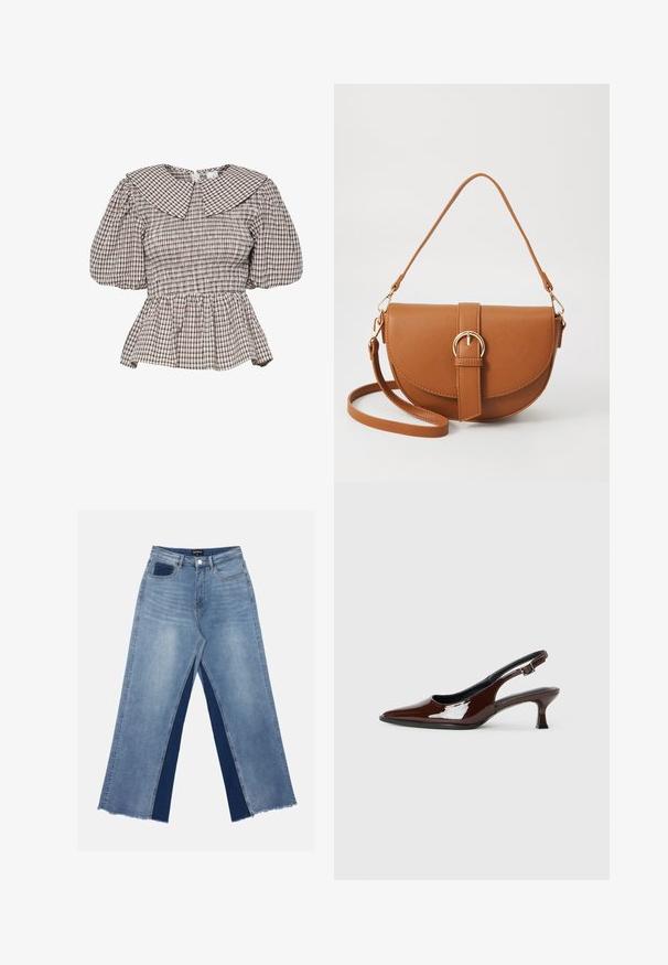 Ráncolt peplum felső nagy gallérral. Szürkés árnyalatú kockás mintás anyagból készült. Puffos ujjú és gyűrött részletekkel.; Világoskék, bőszárú farmernadrág, kontrasztos sötétkék panelekkel, szálkás szegélyekkel, valamint normál derekú, fém gombos záródással.; Barna lakkbőr slingback cipő hegyes orral és mérsékelt sarkal. Biztonságos illeszkedést biztosító csattal rendelkezik. Sima textúra.; Barna bőr keresztbody táska ívelt formával, aranyszínű fémrészekkel és csat díszítéssel. Levehető vállpánttal rendelkezik.