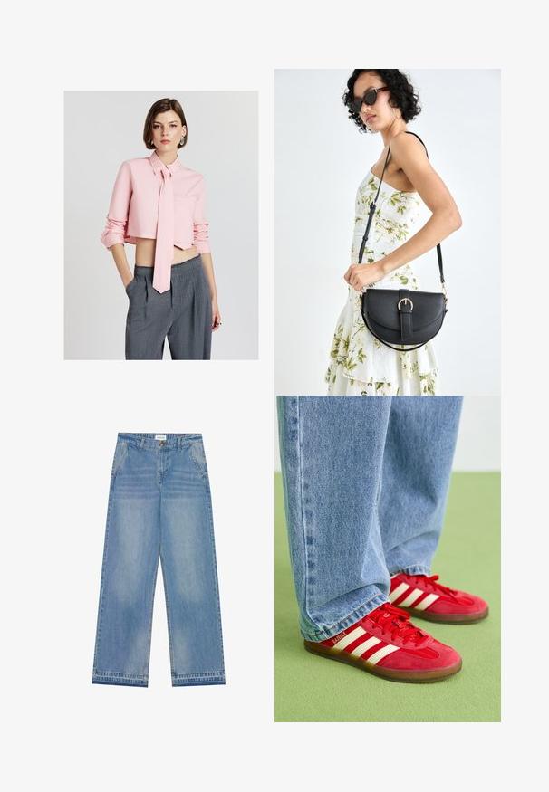 Calliope CAMICIA CROP CRAVATTA - Hemdbluse - rosa chiaro; Helle blaue hochgeschnittene Schlagjeans mit Knopfverschluss, Fronttaschen, Gürtelschlaufen und subtilen Ausbleichungen.; Rote Wildleder-Sneaker mit drei weißen Streifen, runder Zehenpartie und strukturiertem Profil, kombiniert mit hellblauen Jeans auf einem grünen Hintergrund.; Schwarze Lederhandtasche mit geschwungener Form, abnehmbarem Tragegurt und goldenen Beschlägen. Die Tasche verfügt über einen Deckel mit einer Schnallen-Details.