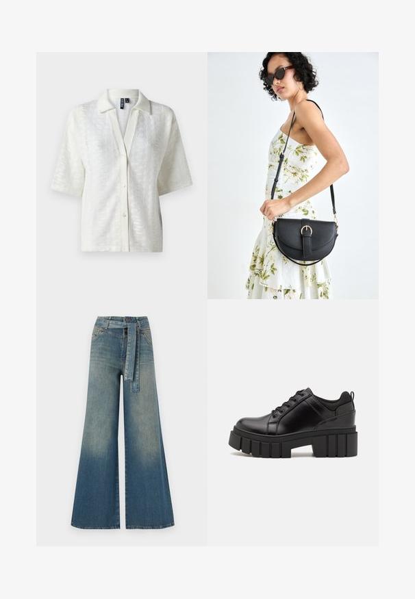 Balta īsām piedurknēm krekls ar teksturētu adījuma rakstu, ar apkakles izgriezumu un priekšējo pogu aizdari. Izgatavots no viegla auduma.; Platām kājām džinsu bikses ar gaismas līdz tumši zilam gradientam, augstu jostas līniju, jostas cilpām un atbilstošu auduma jostu. Tekstūrēts džinsas apdare.; Melnas ādas platformas kurpes ar masīvu bloku papēdi, apaļu purngalu un tradicionālu saistīšanas dizainu. Izceļas ar gludu tekstūru un minimālu apdari.; Melnas ādas rokassoma ar izliekta formu, noņemamu siksnu un zelta aksesuāriem. Somai ir vāciņš ar sprādzes detaļu.