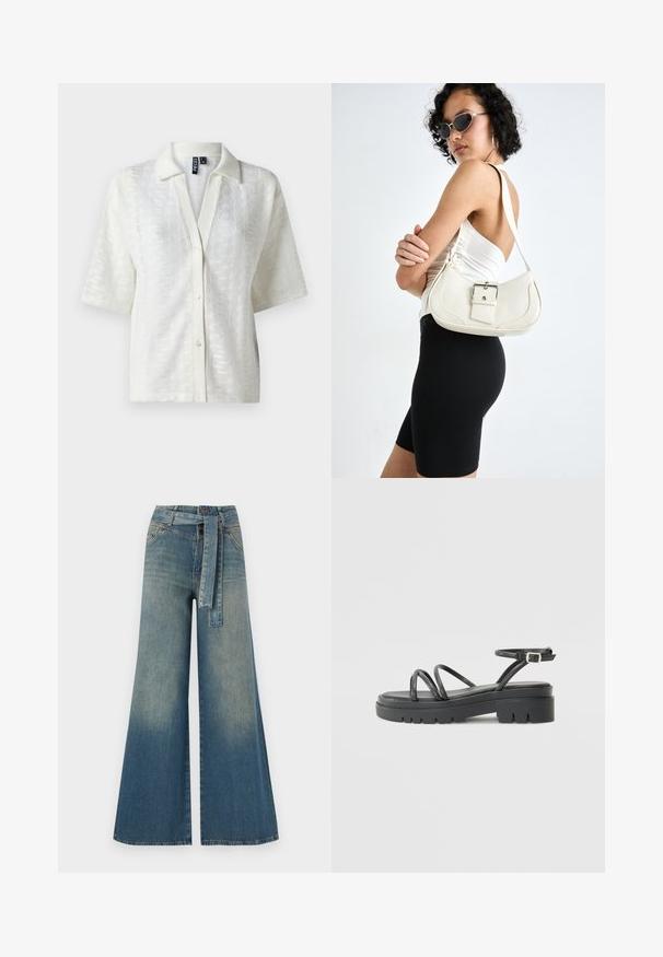 Hvid kortærmet skjorte med et struktureret strikket mønster, krave, og frontknaplukning. Fremstillet af letvægtsstof.; Bredbens-denimbukser med en lys til mørk blå gradient, høj talje, bælteløkker og et matchende stofbælte. Tekstureret denimfinish.; Sort stripe sandal med en chunky sål, der har tynde remme og en spænde ankelsnor. Glat tekstur med et robusoutsole design.; Hvid læder håndtaske med en buet form, justerbar skulderrem og en lille spænde detalje. Modellen bærer et tætsiddende sort outfit.