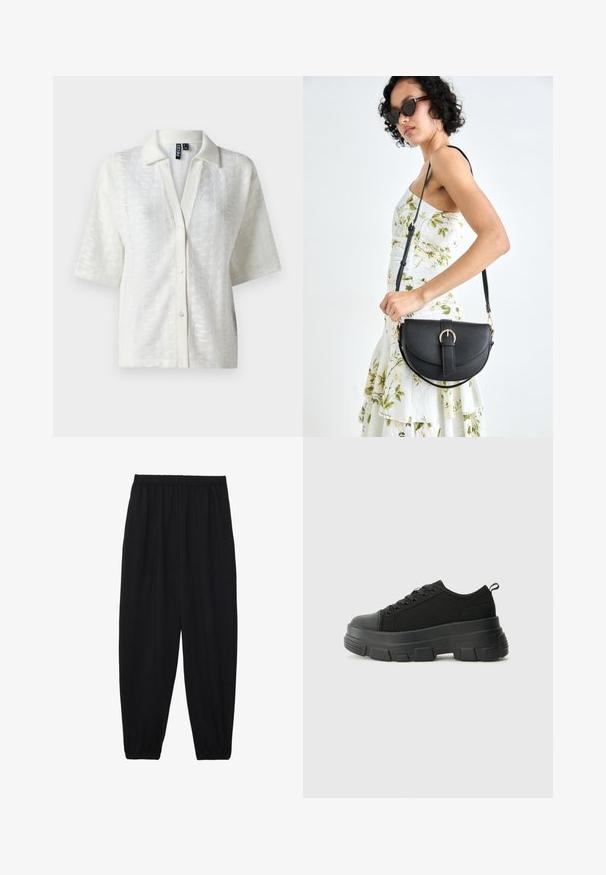 Valge lühikeste varrukatega särk, millel on tekstureeritud kootud muster, krae ja ees nööbisuletus. Valmistatud kerge materjali segu.; Mustad, kerge kangas püksid elastse vöökoha ja kokku volditud pahkluudega. Kanga pind on sile ja disain on lõdvestunud, kitsenev.; Mustad mustad mustikad, millel on tugev kummist põhi, tekstuuriga kangast pealis, ümar varvas ja seotud disain. Omab tugevdatud silmuseid ja tagumist tõmbeotsta.; Mustmust mustraha kõverate joontega, eemaldatava rihmaga ja kuldsete detailidega. Kotil on klapp, millel on pandladetail.