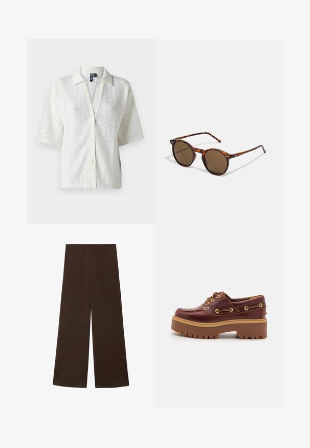 Biała koszula z krótkim rękawem z teksturowanym dzianinowym wzorem, z kołnierzykiem i zapięciem na guziki z przodu. Wykonana z lekkiego materiału.; Szerokie spodnie wykonane z gładkiej, ciemnobrązowej tkaniny. Posiadają wysoki pas i minimalistyczny design bez ozdób.; Brązowe skórzane buty typu boat shoe z grubą brązową gumową podeszwą, złotymi oczkami i kontrastowym szwem. Posiadają logo na boku.; Okrągłe okulary przeciwsłoneczne z oprawką w kolorze żółwia i brązowymi soczewkami. Posiadają cienkie zauszniki z delikatną fakturą oraz metalowe akcenty w pobliżu soczewek.