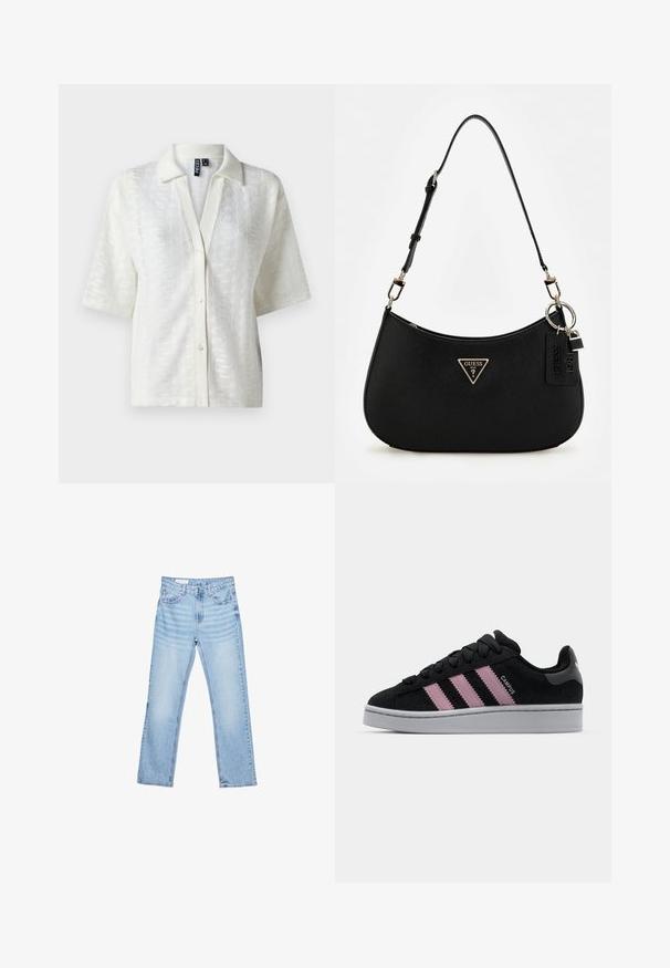 Camicia bianca a maniche corte con un motivo lavorato a maglia, colletto e chiusura con bottoni frontali. Realizzata in tessuto leggero.; Jeans in denim azzurro chiaro con taglio dritto, design a cinque tasche e cuciture visibili. Vita a media altezza con chiusura classica a bottone e zip.; Sneaker in suede nera con design a tre strisce rosa, suola in gomma grigia e linguetta con texture. Presenta il marchio sui lati e sul tallone.; Borsa a spalla nera in materiale sintetico con silhouette curvilinea, finitura testurizzata, logo triangolare dorato e dettagli in metallo removibili.; Collana di perle d'acqua dolce con perle bianche rotonde uniformi, rifinita con un gancio in argento e una catena di estensione per una lunghezza regolabile.