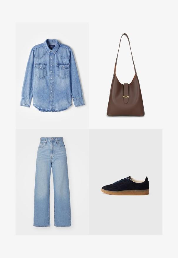 Ljusblå denimskjorta med spetsig krage, två bröstfickor, knapprad framtill och lätt sliten kant. Långa ärmar med knappmanschetter.; Ljusblå högmidjade vida jeans med knapp- och dragkedjestängning, fram- och bakfickor, mot en vit bakgrund.; Mörkblå mockasneaker med sula av gummiliknande material, blåa snören och minimalistisk design. Har präglad logga på sidan och slät innerfoder.; Brun läderaxelväska med en strukturerad form, som har en bred rem, låsning och subtilt varumärke i botten. Slät textur.