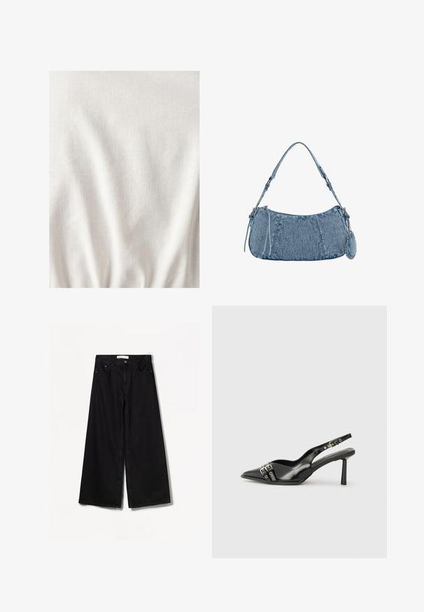 Helles beiges Material mit einer strukturierten Oberfläche, das subtile Falten und Knitter aufweist. Der Stoff wirkt weich und leicht.; Bershka WIDE-LEG - Wide Leg - black; Schwarzer Lackleder Slingback-Schuh mit spitzem Zehenbereich, Knöchelriemen mit silbernen Schnallen und Beschlägen sowie einem schlanken Absatz.; Denim-Handtasche mit geschwungener Form, hellblauer Farbe, verstellbarem Schultergurt und einem kleinen abnehmbaren Täschchen mit metallischen Akzenten.