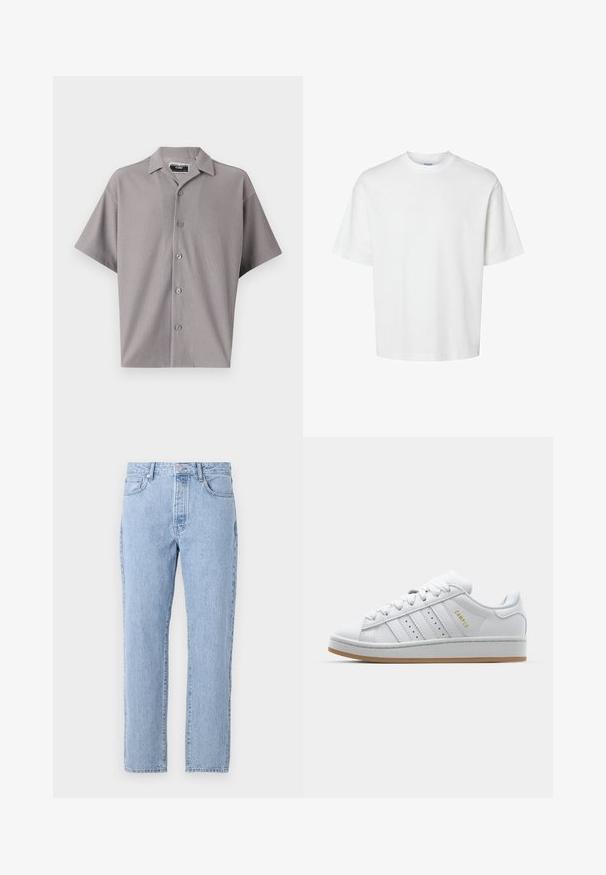 Rövid ujjú, világosszürke gombos ing, függőleges bordás textúrával, gallérral és az elején öt gombbal. Lazább fazon és dizájn.; Fehér pamut póló rövid ujjakkal, kerek nyakkivágással és laza szabással. Simább textúra, látható minták vagy kiegészítők nélkül.; Világoskék denim farmernadrág, egyenes szárakkal, öt zsebbel és gombos zárással. Puha tapintású, klasszikus, megfakult megjelenéssel.; Fehér sneaker perforált háromsávos dizájnnal, texturált akcentusokkal, gumitalppal és arany "CAMPUS" logóval az oldalon.