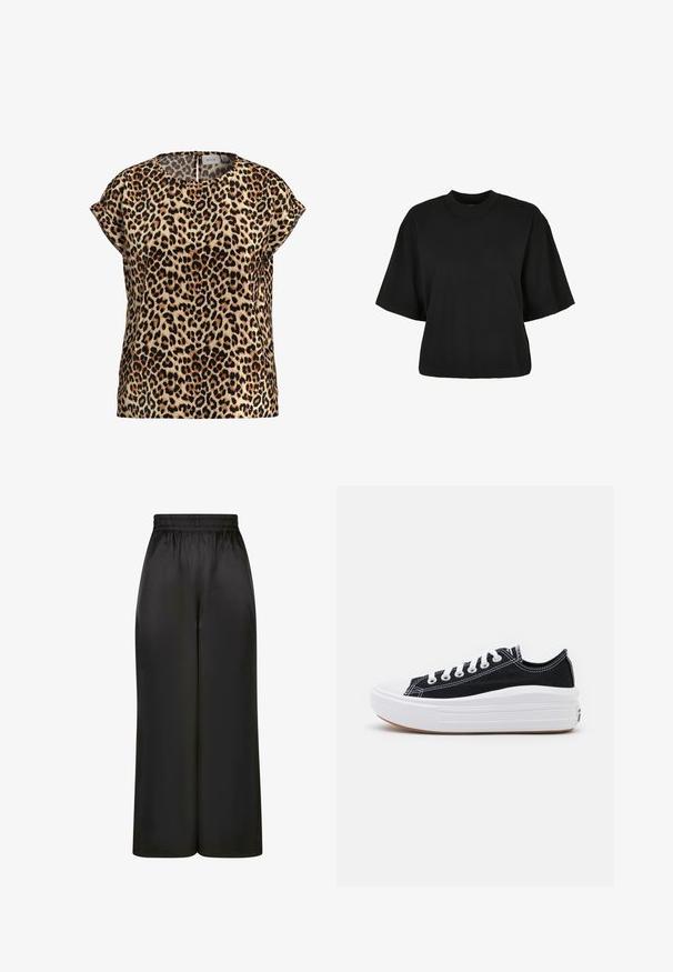 Leopardų rašto marškiniai, trumpomis rankovėmis, apvaliu kaklu, pagaminti iš šilkinės medžiagos; turi šviesiai rudos spalvos foną su juodomis ir rudomis dėmėmis.; Juoda trumpa medvilninė palaidinė. Su trumpomis rankovėmis ir apvaliu iškirpimu. Lygus paviršius su paprastu dizainu, be papildomų raštų.; Juodos plačios kelnės, pagamintos iš lygaus, blizgaus audinio, su elastinga juosmens juosta ir be matomų kišenių ar aparatūros detalių.; Juodi drobės sportbačiai su baltais raišteliais, balta guma ant pirštų ir masyvi balta vidurine dalimi. Yra subtilių baltų siūlių ir guminis padas.