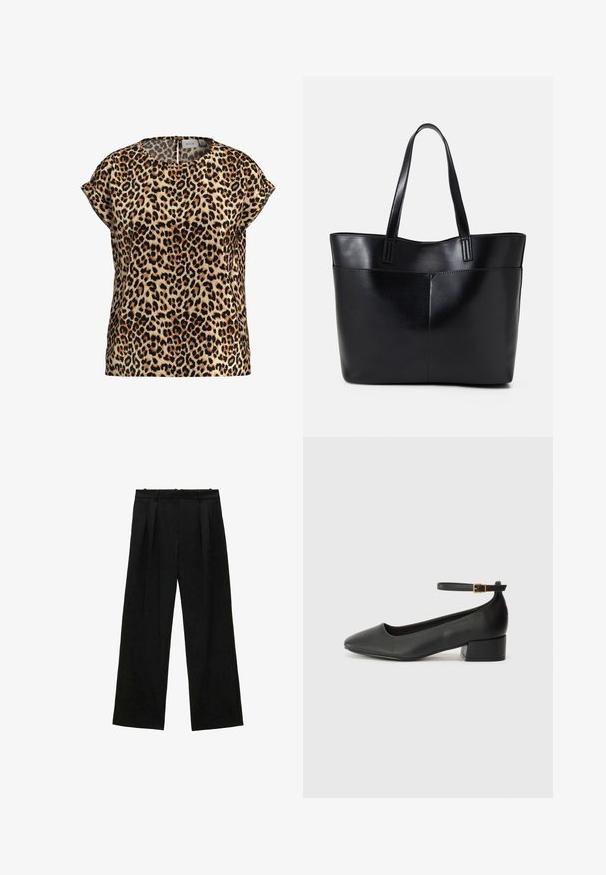 Halenka s leopardím potiskem, krátké rukávy, kulatý výstřih, vyrobená z hedvábné tkaniny; má béžové pozadí s černými a hnědými skvrnami.; Černé široké kalhoty s plisováním, s hladkou texturou a vysokým pasem. Minimalistický styl, žádné viditelné kovové prvky nebo ozdoby.; Černé kožené lodičky s špičatou špičkou a nízkým blokovým podpatkem. Obsahují pásek kolem kotníku se zlatou sponou. Hladký povrch.; Černá kožená taška s dlouhými ušima, hladkým povrchem a strukturovaným tvarem. Obsahuje přední kapsu pro další úložný prostor.