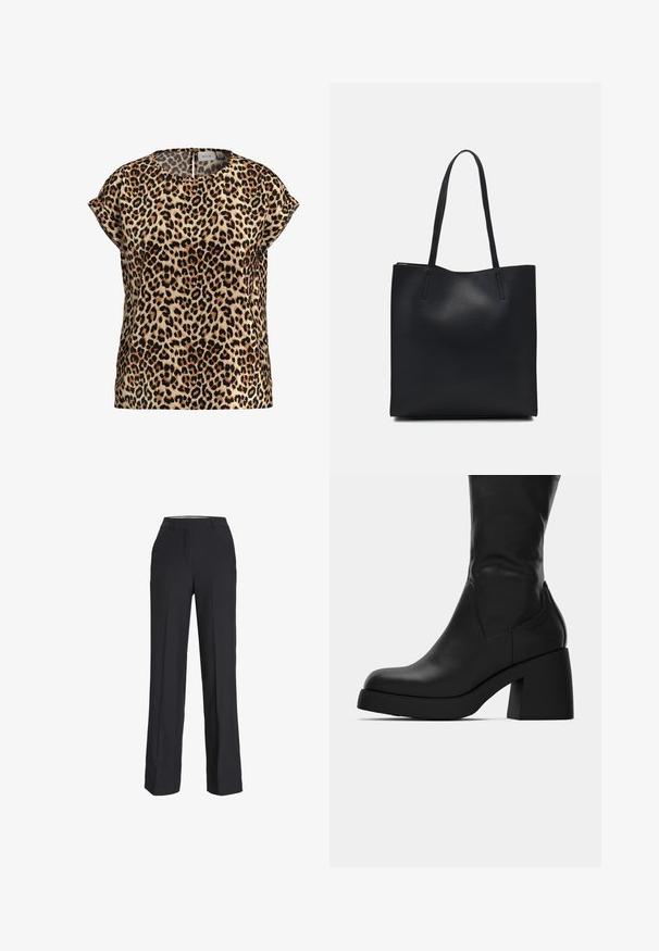 Liten leopardmønstret topp, korte ermer, rund halslinning, laget av silkeaktig stoff; har en lys beige bakgrunn med svarte og brune prikker.; Sorte, høytlivsbukser med rett benpassform. Laget av et glatt stoff, med frontfold og sidelommer.; Sorte lærstøvler midt på læggen med kraftig blokhæl og rund tå, vist fra siden på hvid baggrund.; Svart lær tote bag med glatt tekstur, rektangulær form og to lange håndtak. Ingen synlige deler eller dekorasjoner.
