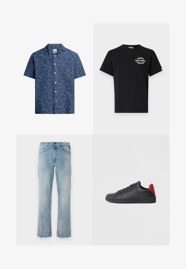 Korte mouw knoopshirt van gestructureerde donkerblauwe stof met een subtiel patroon en een klassieke kraag. Voorzien van witte knopen aan de voorkant.; Zwarte katoenen T-shirt met korte mouwen en ronde hals. Bevat witte tekst "GENERAL REPLAY SERVICE QUARTERS" op de borst.; Lichtblauwe denim jeans met een ontspannen pasvorm, met subtiele verwerkte details en een klassiek vijfzakkenontwerp.; Zwarte synthetische sneaker met rode hielaccenten, geperforeerd zijontwerp, ronde neus, platte zwarte zool en zwarte veters.