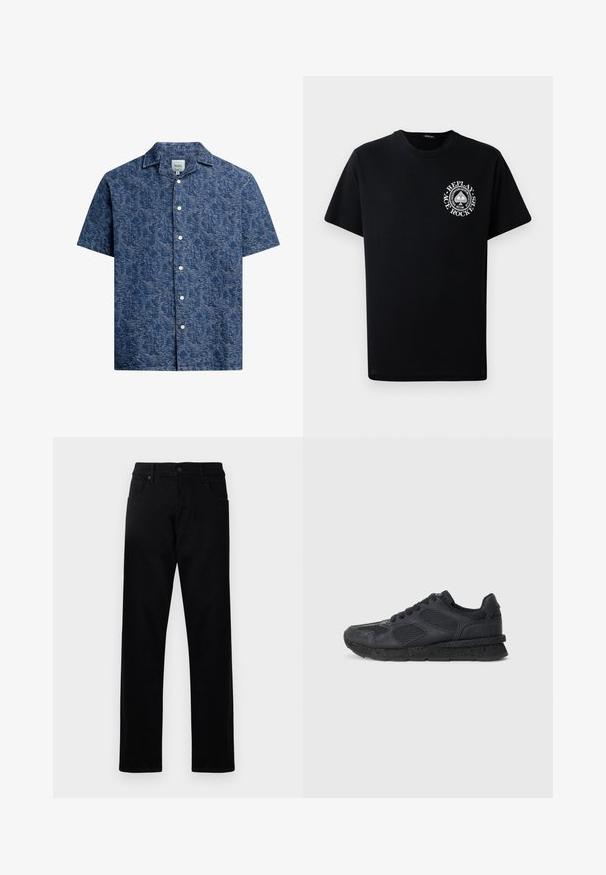 Camisa de botão de manga curta em tecido azul escuro texturizado com um padrão subtil e colarinho clássico. Apresenta botões brancos na parte da frente.; T-shirt preto de algodão com mangas curtas, apresentando um logotipo circular branco no lado esquerdo do peito que inclui texto e designs gráficos.; Jeans de denim preto com um design de perna reta. As características incluem dois bolsos frontais, um fecho de botão e uma textura limpa e suave.; Replay ARTHUR ATOM - Sapatilhas - black