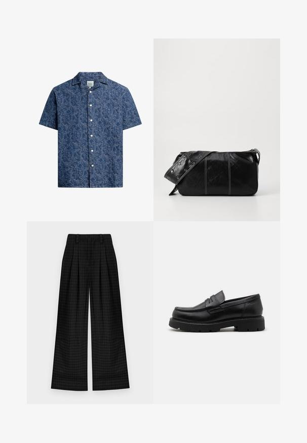 Kratka srajca s kratkimi rokavi v teksturirani temno modri tkanini z diskretnim vzorcem in klasičnim ovratnikom. Ima bele gumbe spredaj.; Črna kratka polo majica s kratkimi rokavi, ki je okrašena z teksturiranim, abstraktnim vzorcem. Ovratnik je raven in rahlo odprt, kar poudari sproščen dizajn.; Črne karirane hlače širokega kroja z gubami, ki se ponašajo z gladko teksturo in klasičnim dizajnom. Lahka tkanina za udobje.; Črne usnjene mokasine s zaobljenim nosom, teksturiranimi detajli spredaj in debelim gumijastim podplatom z žlebovi za oprijem.; Črna usnjena torba za ramo z zadrgo, ki ima teksturirano telo, belo šivanje in trak s srebrnimi luknjami.