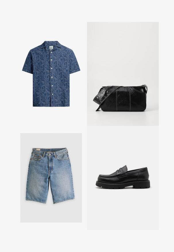Μακρυμάνικη πουκάμισο με κουμπιά σε υφασμάτινη σκούρα μπλε απόχρωση με διακριτό σχέδιο και κλασικό γιακά. Διαθέτει λευκά κουμπιά κατά μήκος της μπροστινής πλευράς.; Μαύρο κοντομάνικο πόλο μπλουζάκι με υφή, φιλοτεχνημένο σε αφηρημένο σχέδιο. Ο γιακάς είναι επίπεδος και ελαφρώς ανοιχτός, ενισχύοντας τον χαλαρό σχεδιασμό.; Τζιν σορτσάκια σε ανοιχτό μπλε με κλασική γραμμή. Διαθέτουν πέντε τσέπες, πορτοκαλί ραφές και ακατέργαστες άκρες.; Μαύρες δερμάτινες λόφες με στρογγυλή μύτη, υφή μπροστά και χοντρή καουτσούκ σόλα με αυλακώσεις για πρόσφυση.; Μαύρη δερμάτινη τσάντα ώμου με φερμουάρ, με υφή σώματος, λευκή ραφή και λουρί με ασημένιες οπές.