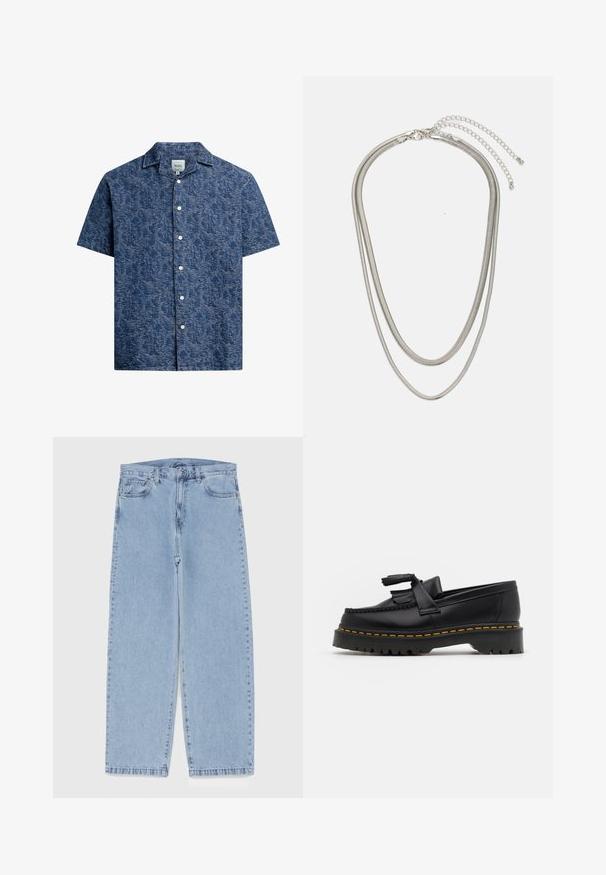 Camicia a maniche corte con bottoni in tessuto blu scuro a trama con un motivo sottile e colletto classico. Presenta bottoni bianchi lungo la parte anteriore.; Jeans in denim azzurro chiaro con design a gamba dritta, caratterizzati da una vita media, cinque tasche e chiusura con bottone e zip.; Mocassino in pelle nera con un'accento a frange, dotato di una suola nera spessa e cuciture gialle lungo il bordo. Finitura testurizzata.; Collana in metallo argentato a tre strati caratterizzata da catene sottili e flessibili con una leggera lucentezza, fissata con un gancio a molla e una catena regolabile.