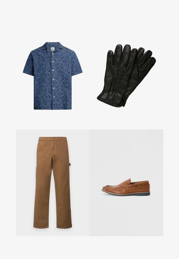 Short-sleeve button-up shirt in textured dark blue fabric with a subtle pattern and a classic collar. Features white buttons down the front.; Brown cotton cargo pants with straight legs, featuring side pockets and a metal button closure at the waist. Smooth texture and casual design.; Brown leather loafers with a round toe, stitched accents, and a low rubber sole. The design features a band across the upper.; Black leather gloves with a smooth texture, five fingers, and subtle stitching details. Classic design, suitable for cold weather use.