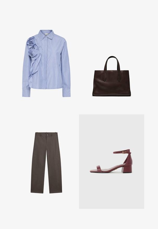 Modrá a bílá pruhovaná košile s volánkovým designem a látkovými růžemi na levém rameni, zapínání na knoflíky. Dlouhé rukávy.; Široké kalhoty ve tmavě hnědé látce. Mají zapínání na knoflík, dvě přední kapsy a hladkou texturu s čistými švy.; Burgundské kožené sandály se čtveratou špičkou, tenkým nártovým páskem, zlatými detaily a masivním blokovým podpatkem. Hladký povrch a minimalistický design.; Hnědá kožená taška přes rameno s dvěma dlouhými uchy, strukturální obdélníkový tvar, hladká textura a jemné švy.