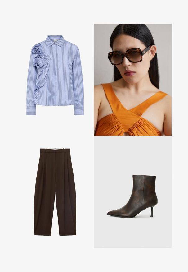 Modra in bela črtasta srajca z volančasto zasnovo ter tekstilnimi vrtnicami na levem rami in z gumbnim zapiranjem spredaj. Dolgi rokavi.; Rjave hlače visoke pasu s pregibi, narejene iz gladkega materiala. Ohlapen kroj, ravne nogavice, z zankami za pas in zadrgo.; Rjave usnjene gležnjarje z ostrim nosom, elegantne zasnove in tankim črnim peto. Teksturirana površina z diskretnim vzorcem.; Rjave tortoiseshell ogromne sončne očala z širokim pravokotnim okvirjem in gradientnimi lečami. Zlata logotipna podrobnost na strani.