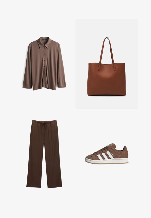 Brown long-sleeve shirt with a button-down front, pointed collar, and smooth texture. Features brown buttons along the placket.; Brown wide-leg pants made from soft fabric, featuring an elastic waistband with a drawstring and two side pockets.; Brown suede sneakers with white leather stripes, rubber sole, rounded toe, and lace-up front. Features a logo on the tongue and perforated accents.; Brown leather tote bag with a smooth texture, open top design, and two shoulder straps. Features minimal stitching and no visible hardware.