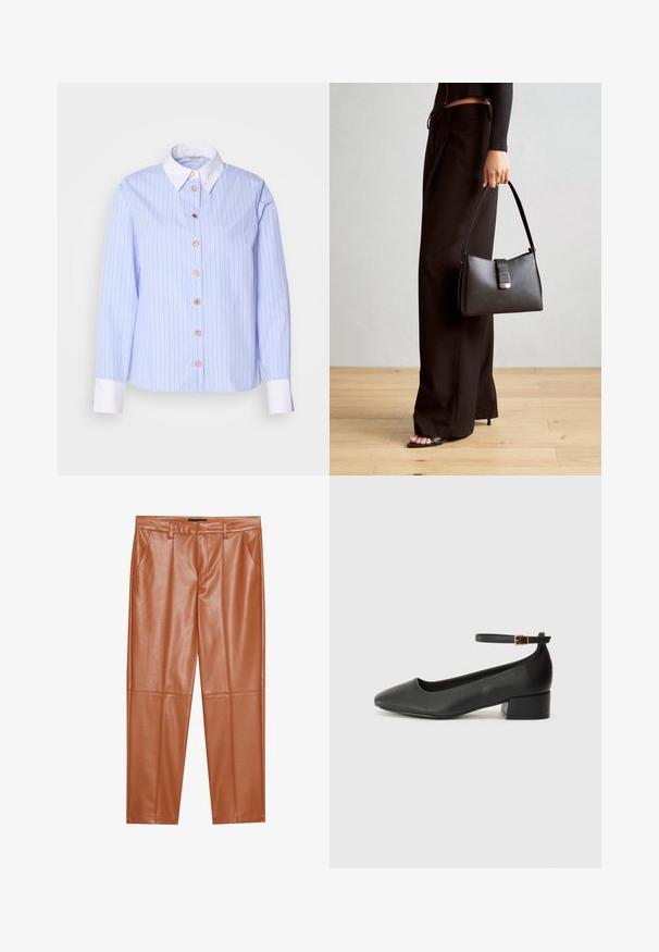Cămașă albastră deschisă cu dungi verticale fine. Are un guler clasic, mâneci lungi și cinci butoane rotunde în față. Mansete albe.; Pantaloni din piele ecologică maro, cu o croială bine definită, având pliseuri frontale și picioare drepte. Textură netedă, fără hardware sau accentuare vizibilă.; Pantof cu toc negru din piele, cu vârf ascuțit și toc mic pătrat. Dispune de o curea la gleznă cu o cataramă în tonuri de aur. Textură netedă.; Genți negre cu o formă structurată, textură netedă și un închizător metalic. Asortată cu pantaloni negri largi și sandale cu vârf deschis pe un podea din lemn.