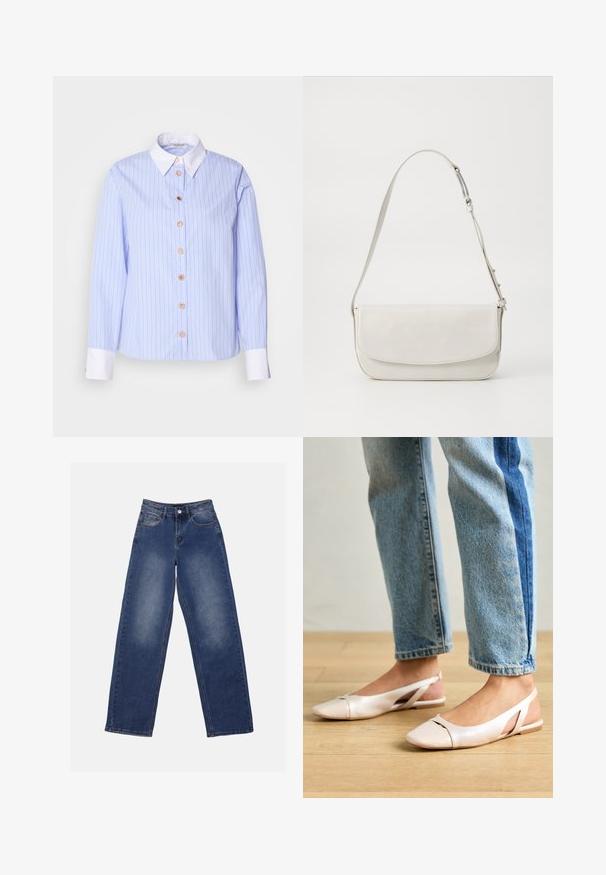 Világoskék ing finom függőleges csíkokkal. Klasszikus gallérral, hosszú ujjakkal és elöl öt kerek gombbal rendelkezik. Fehér mandzsetta.; Anna Field Széles szárú - blue wash; Világos rózsaszín slingback laposlábú cipők, hegyes orral, sima bőrhatású anyagból készült. Oldalt kivágott részletek találhatók rajta, valamint lapos sarkú.; Fehér bőr válltáska sima felülettel, téglalap alakú, fedeles záródással és állítható pánttal. Egyszerű varrási részletek.