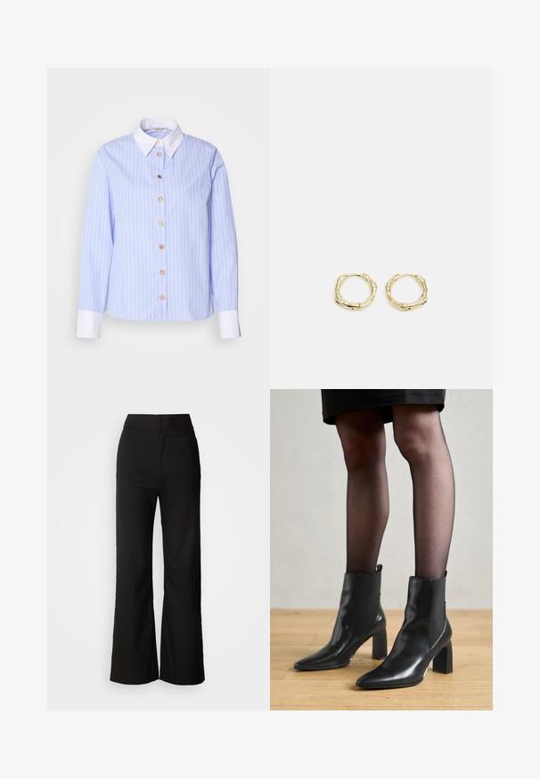 Lyseblå skjorte med fine lodrette striber. Har en klassisk krave, lange ærmer og fem runde knapper fortil. Hvide manchetter.; Sorte bukser med bred benvidde, glat tekstur, høj talje og et enkelt design. Ingen synlige lommer eller udsmykninger.; Sorte læderankelstøvler med spids tå, kraftig firkantet hæl og slankt design. Har elastiske sidepaneler for nem påtagning.; Gul hoop ørestikker med en struktureret, uregelmæssig form. Har en sømløs lukning og en poleret overfladefinish, der fremhæver et moderne design.