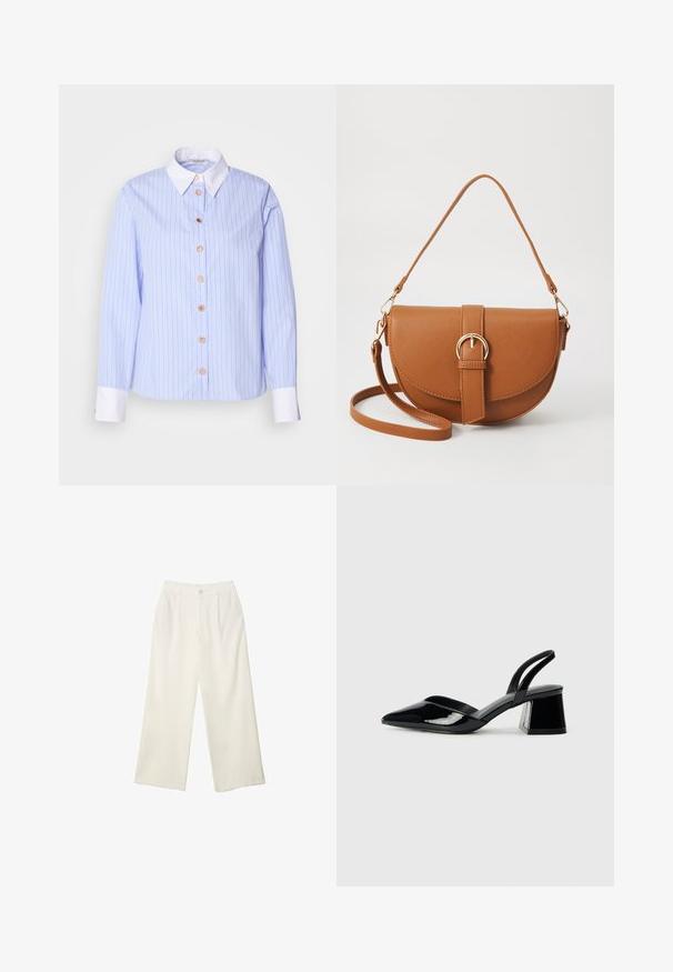 Svijetloplava košulja s finim vertikalnim prugama. Ima klasični ovratnik, duge rukave i pet okruglih dugmadi sprijeda. Bijeli manžeti.; Hlače širokih nogavica od kremaste tkanine s glatkom teksturom, s jednim prednjim gumbom, suptilnim plitvicama i visokim strukom.; Crne lakirane kožne sandale s otvorenom petom i špicastim vrhom, s geometrijskom blok petom. Imaju elegantan, minimalistički dizajn i glatku teksturu.; Smeđa kožna torba preko tijela s zakrivljenim oblikom, zlatnim metalnim detaljima i naglaskom na kopču. Ima odvojivu naramenicu.