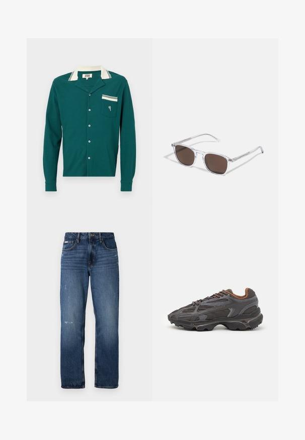 Zelena dolgi rokav s kragnico, belimi črtami in žepom na prsih s majhno srčno zasnovo. Tekstilirana tkanina in gumbasto zapiranje.; Modre kavbojke s ravnim krojem. Imajo zbledela področja in rahlo obrabljen izgled na sprednji strani ter klasično zapiranje na gumb.; Lacoste teniske v temno sivi barvi z mrežasto in sintetično prevleko, s teksturiranim podplatom in rjavimi detajli na ovratniku ter blagovni znamki.; Jasne plastične naočale s pravokutnim smeškim lećama, koje imaju tanke, prozirne drške i metalne detalje na sljepoočnicama.