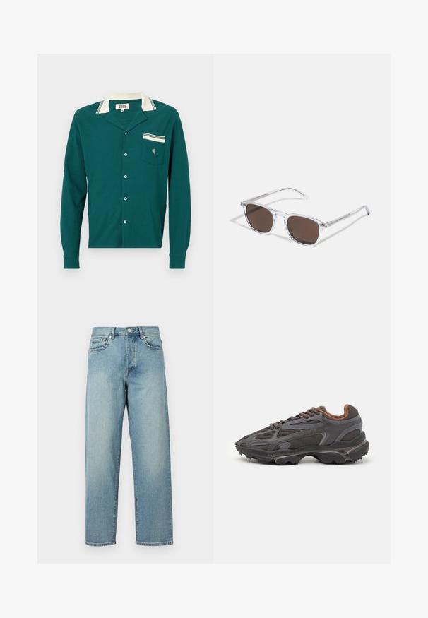 Cămașă lungă cu mâneci, de culoare turcoaz, cu guler, dungi albe și un buzunar pe piept cu un mic design în formă de inimă. Material texturat și închidere cu nasturi.; Blugi din denim de un albastru deschis, cu o croială lejeră, picioare drepti, design cu cinci buzunare și închidere cu nasture la talie. Detaliu de cusătură minimalist.; Adidași Lacoste de culoare gri închis, din material mesh și sintetic, cu o talpă texturată și accente maronii pe guler și branding.; Ochelari de soare din plastic transparent cu lentile dreptunghiulare maro, având brațe subțiri, transparente și accente metalice pe tâmple.