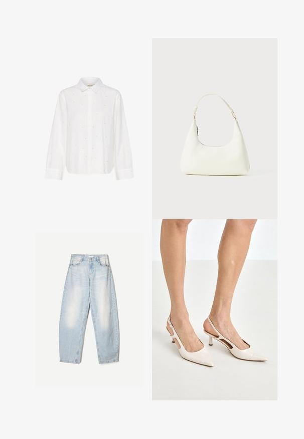 Witte blouse met lange mouwen en een knoopsluiting kraag, voorzien van kleine zilveren accenten en een relaxte pasvorm. Gemaakt van zachte katoen.; Lichtblauw kant topje met dunne bandjes, voorzien van een gegolfde kantafwerking en bloemenpatroon, ontworpen voor een strakke pasvorm.; Lichtblauwe denim jeans met een losse pasvorm, voorzien van een vervaagde afwerking, twee voorzakken en een knoopsluiting bij de taille.; Beige gepatineerde leren slingback hakken met een spitze neus en een hak van 5 cm, met uitsparingen aan de zijkanten en een dunne enkelband.; Kleine witte schoudertas met een enkele verstelbare schouderband en een ritsafsluiting, geplaatst tegen een effen witte achtergrond.