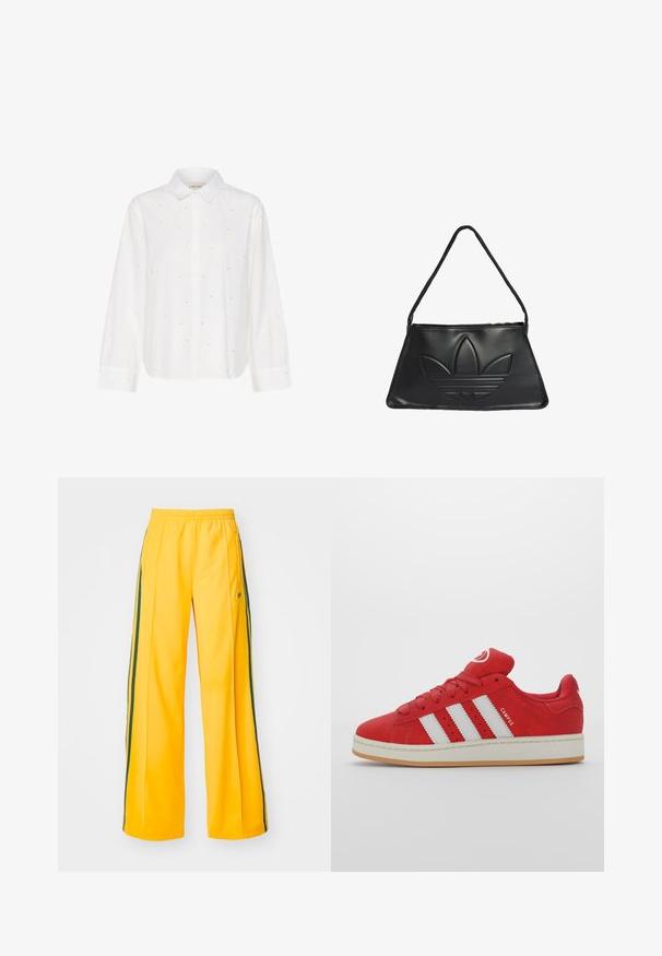 Biała bluzka z długim rękawem i kołnierzykiem zapinanym na guziki, z drobnymi srebrnymi akcentami i luźnym krojem. Wykonana z miękkiej bawełny.; Żółte spodnie sportowe z szerokimi nogawkami, z zielonymi paskami po bokach i małym logo na lewym biodrze. Elastyczny pas dla wygody.; Czerwone zamszowe sneakersy z trzema białymi paskami, gumową podeszwą, okrągłym noskiem i wyściółką na języku, z detalem "CAMPUS" na boku.; Czarna skórzana torebka w kształcie trapezu, z wystającym logo Adidas i cienkim paskiem na ramię. Zamknięcie na zamek błyskawiczny u góry.