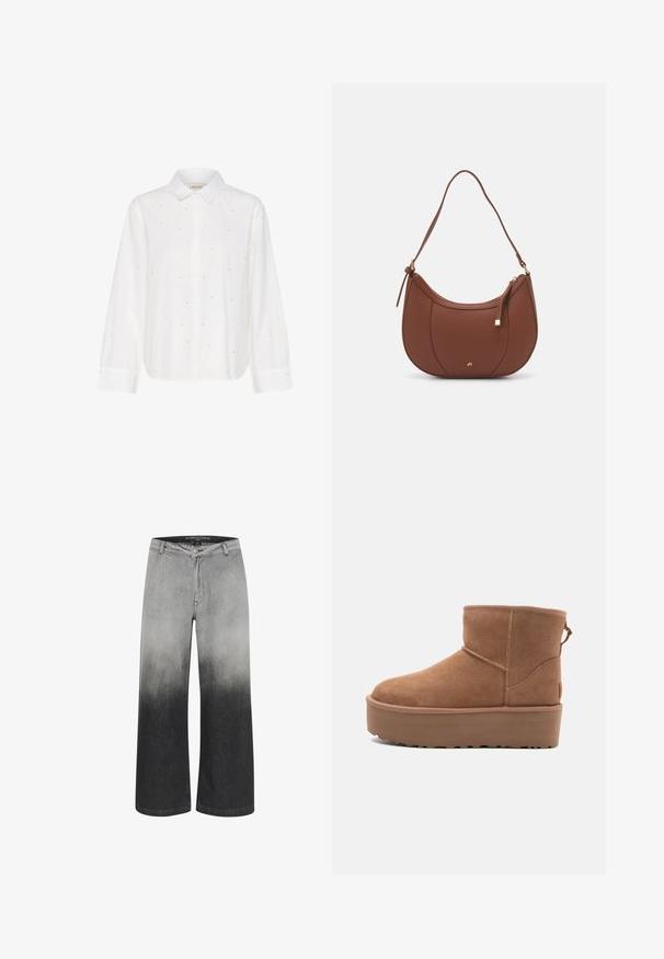 Weiße Bluse mit langen Ärmeln und einem Button-Down-Kragen, ausgestattet mit kleinen silbernen Akzenten und einem lockeren Schnitt. Hergestellt aus weichem Baumwollstoff.; Wide-Leg-Jeans in einem Graadiant von Grau, der von hell nach dunkel übergeht. Aus Denim gefertigt, mit Knopfverschluss und traditionellem 5-Taschen-Design.; Beige Wildleder-Ankle-Boot mit Plateausohle, abgerundetem Zehenbereich und abgesteppten Akzenten; verfügt über eine Zuglasche hinten für einfaches An- und Ausziehen.; Braune Kunstleder-Schultertasche mit geschwungener Form, minimaler Naht und goldfarbener Hardware-Akzent. Verfügt über einen oberen Reißverschluss und einen verstellbaren Trageriemen.