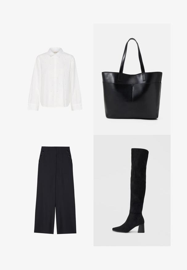 White long-sleeve blouse with a button-down collar, featuring small silver accents and a relaxed fit. Crafted from soft cotton fabric.; Wide-leg trousers in dark navy fabric, featuring a smooth texture, front pleats, and decorative gold-tone eyelets on the side pockets.; Black suede knee-high boot with block heel, pointed toe, and smooth, seamless design on a plain light background.; Black leather tote bag with two long handles, a smooth texture, and a structured shape. Features a front pocket for additional storage.