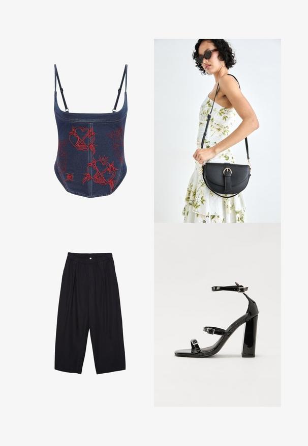 Ed Hardy ROGUE HEARTS - Pusero - indigo; Musta polyesterinen culotte-housut, jossa on joustava vyötärö, kaksi etupleettiä ja löysä siluetti. Ei näkyviä kuvioita tai metallisia yksityiskohtia.; Musta kiiltävä korkokenkä sandaalit neliönmuotoisella varpaalla, nilkkaremmillä ja hopeisilla soljilla. Varustettu tukevalla lohkokorkealla vakauden takaamiseksi.; Musta nahkainen käsilaukku, joka on kaareva muotoilultaan, irrotettavalla hihnalla ja kultaisilla yksityiskohdilla. Laukussa on läppä, jossa on solk yksityiskohta.