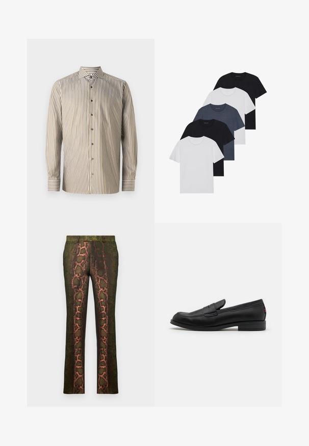 Stribet skjorte i brunt og hvidt, lange ærmer, klassisk krave, har lodrette striber og kontrasterende detaljering ved ærmerne.; Sæt af fem t-shirts i sort, hvid og marineblå. 100% bomuldsstof, korte ærmer, rund halsudskæring og ensartet overflade uden mønstre.; Grønne mønstrede bukser med et slangeprintdesign i nuancer af brun og orange, lige snit og en glat tekstur.; Sorte læder loafers med en glat finish, rund tå og en lille dekorativ flap. Har en lav stablet hæl og en subtil brandingdetalje.