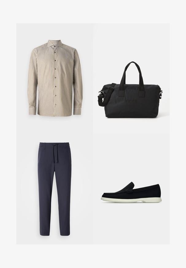 Röstripeeritud särgi nuppude kinnitamisega pruunis ja valges, pikal varrukal, klassikaline krae, millel on vertikaalsed triibud ja kontrastsed mansetid.; Tumesin jalgpüksid elastse vöökoha ja paelaga. Valmistatud siledast materjalist, millel on kitsenevad jalad ja nähtamatud taskud.; Must must väike jalats ümmarguse varbaga, millel on tekstureeritud ülemine osa, sujuv valge tald ja diskreetne brändi detail küljel.; Must musträkk mustmustes, millel on kaks ülemist käepidet ja eemaldatav õlarihm. Omadused: reljeefne logo ja sile tekstuur, millel on lukuga sulgemine.