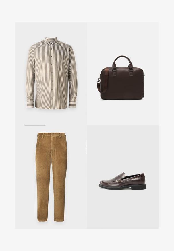 Striped button-up skjorte i brun og hvit, lange ermer, klassisk krage, har vertikale striper og kontrastdetaljer på mansjettene.; Brune kordfløyelsbukser med vertikal ribbestruktur, rett passform, knappelukking og beltehemper. Glatt stoff med en myk finish.; Brune lærloafers med en glat finish, der har en subtil syet detalje på overdelen og en sort gummisål.; Brun lærveske til bærbar datamaskin med en strukturert overflate, doble topphåndtak, justerbar stropp og to frontspenner for ekstra detalj.