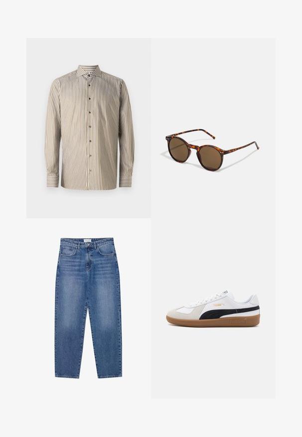 Svītrota krekla ar pogām brūnā un baltā krāsā, garām piedurknēm, klasiskā apkakle, ar vertikālām svītrām un kontrastējošu aproču apdari.; Zili džinsi ar augstu jostasvietu, taisnu kāju dizainu un izbalējušu apdari. Iespļautas piecas kabatas un pogas aizdare.; Balta sporta apavi ar melnu zamša sānu svītru, brūnu gumijas zoli un teksturētu paneli. Iekļauti balti šņorēšanas elementi un Puma logo detaļas.; Apaļas saulesbrilles ar bruģēto rāmi un brūniem lēcu. Raksturīgas plānas kājas ar vieglu tekstūru un metāla akcentiem tuvumā pie lēcām.